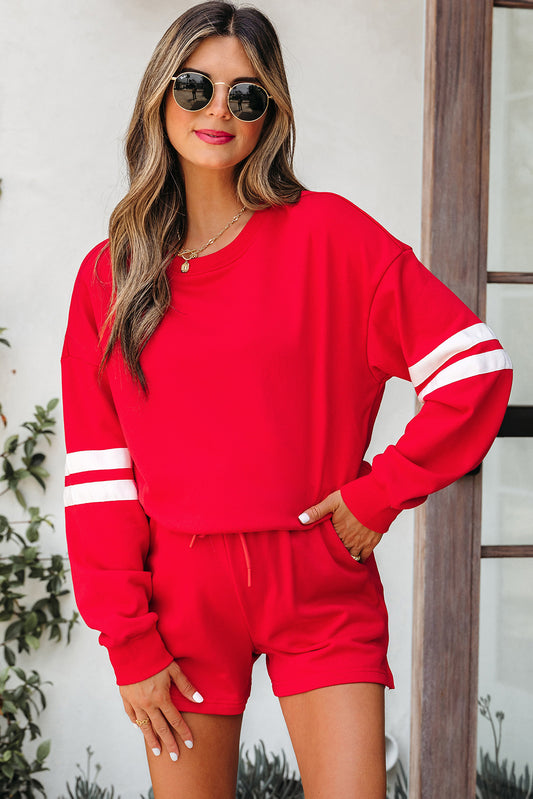 Fiery Red Varsity Striped Sleeve Drop Shoulder Sweatshirt and Short Set Fiery Red 65%Polyester+35%Cotton Short Sets JT's Designer Fashion