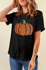 Black Glittering Pumpkin Graphic Halloween T Shirt Graphic Tees JT's Designer Fashion