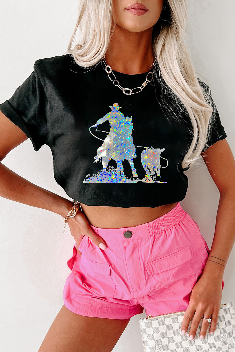 Black Laser Western Cowboy Graphic Crewneck Tee Graphic Tees JT's Designer Fashion