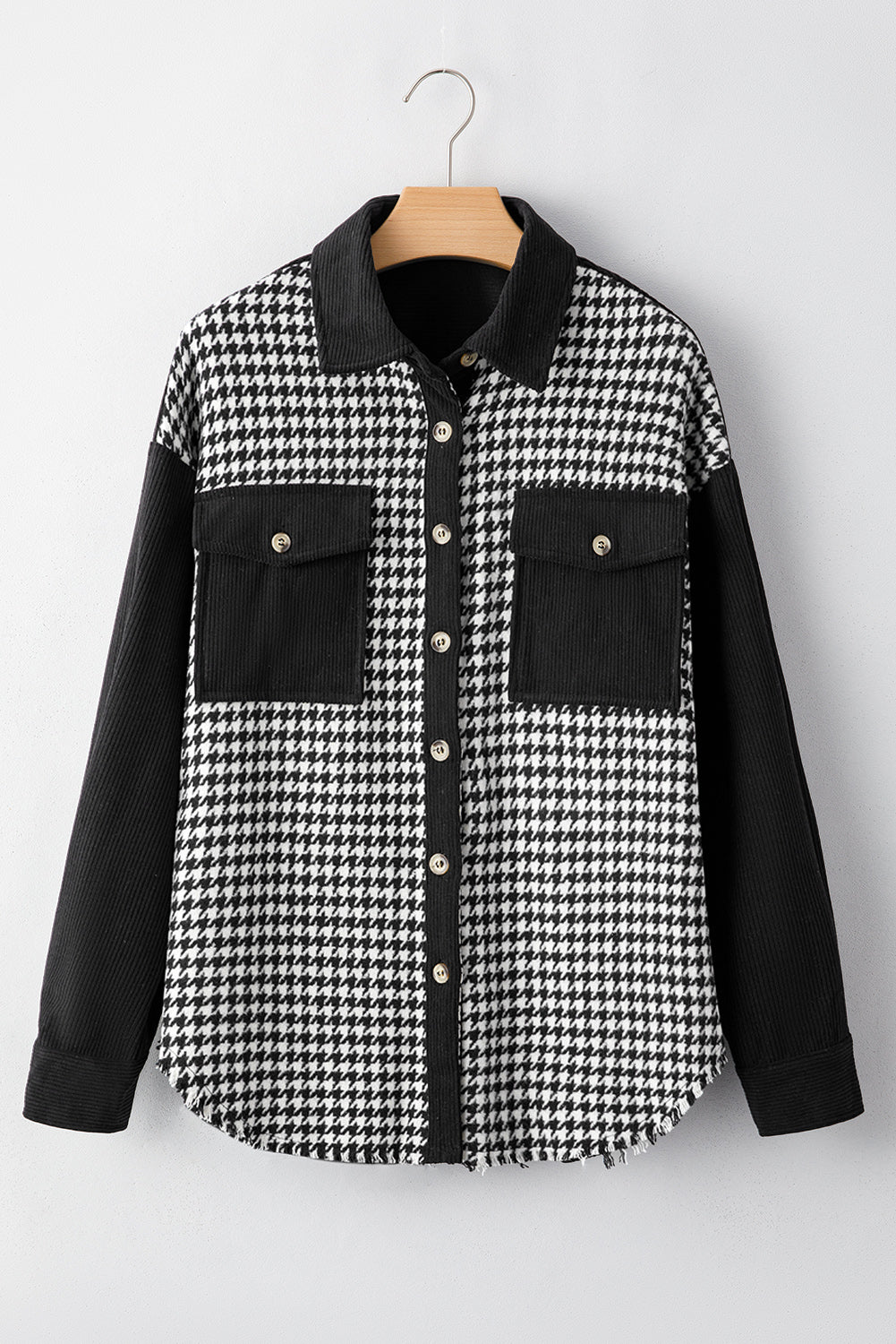 Black Houndstooth Corduroy Patchwork Flap Pocket Shacket Jackets JT's Designer Fashion