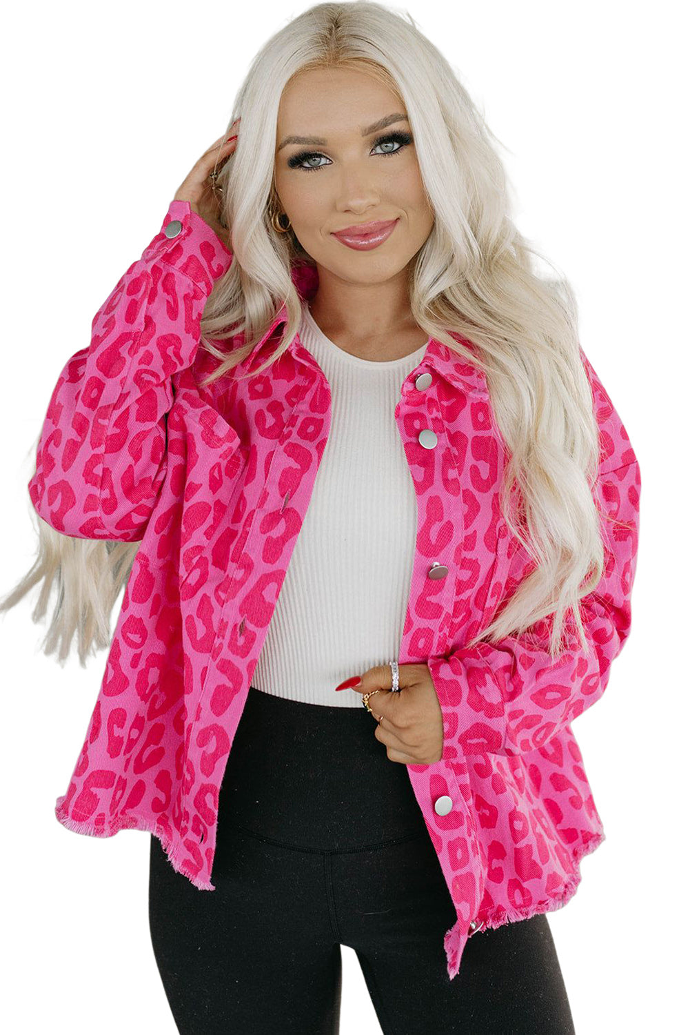Pink Leopard Print Button Cuffs Raw Hem Jacket Denim Jackets JT's Designer Fashion