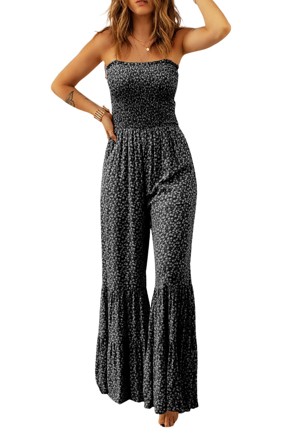 Black Khaki Thin Straps Smocked Bodice Wide Leg Floral Jumpsuit Bottoms JT's Designer Fashion