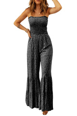 Black Khaki Thin Straps Smocked Bodice Wide Leg Floral Jumpsuit Bottoms JT's Designer Fashion