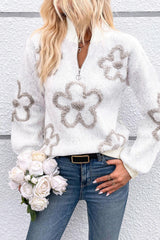 White Contrast Flower Half Zipper Stand Neck Sweater Sweaters JT's Designer Fashion