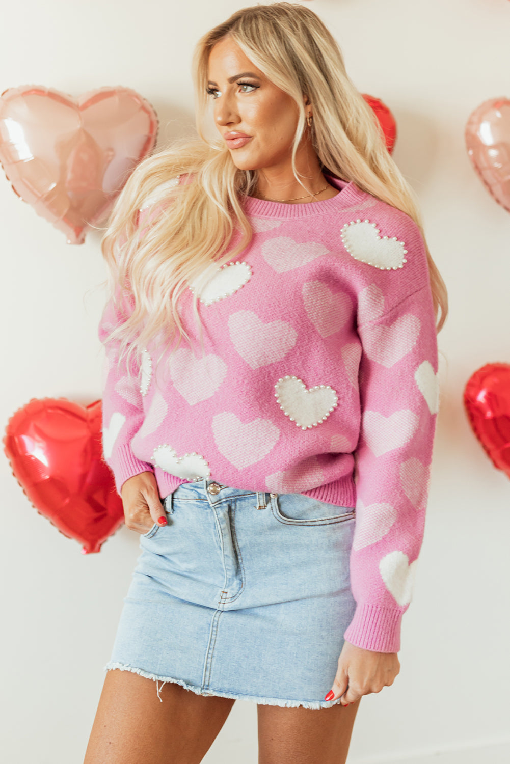 Pink Pearled Heart Print Valentines Crew Neck Sweater Sweaters JT's Designer Fashion