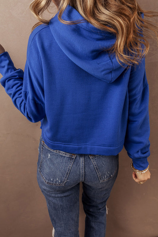 Dark Blue Solid Drop Shoulder Drawstring Cropped Hoodie Sweatshirts & Hoodies JT's Designer Fashion