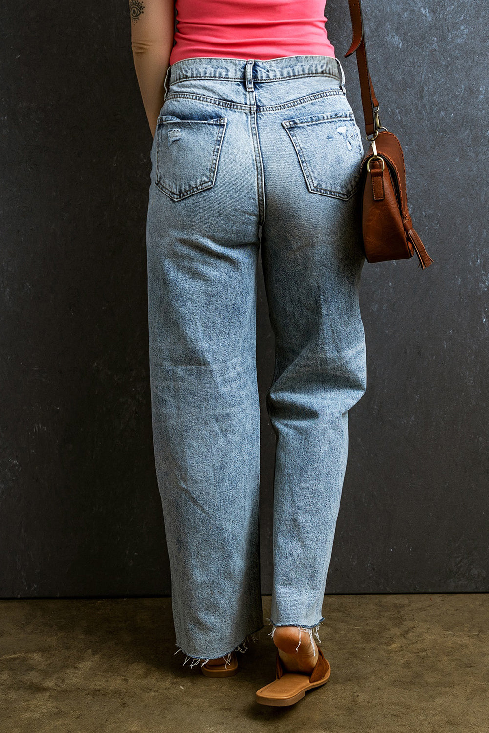 Light Blue Distressed Ripped Raw Hem Straight Jeans Jeans JT's Designer Fashion