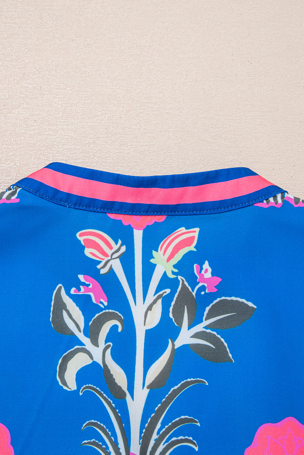 Blue Floral Print Contrast Striped Trim Notched Neck Long Sleeve Blouse Blouses & Shirts JT's Designer Fashion