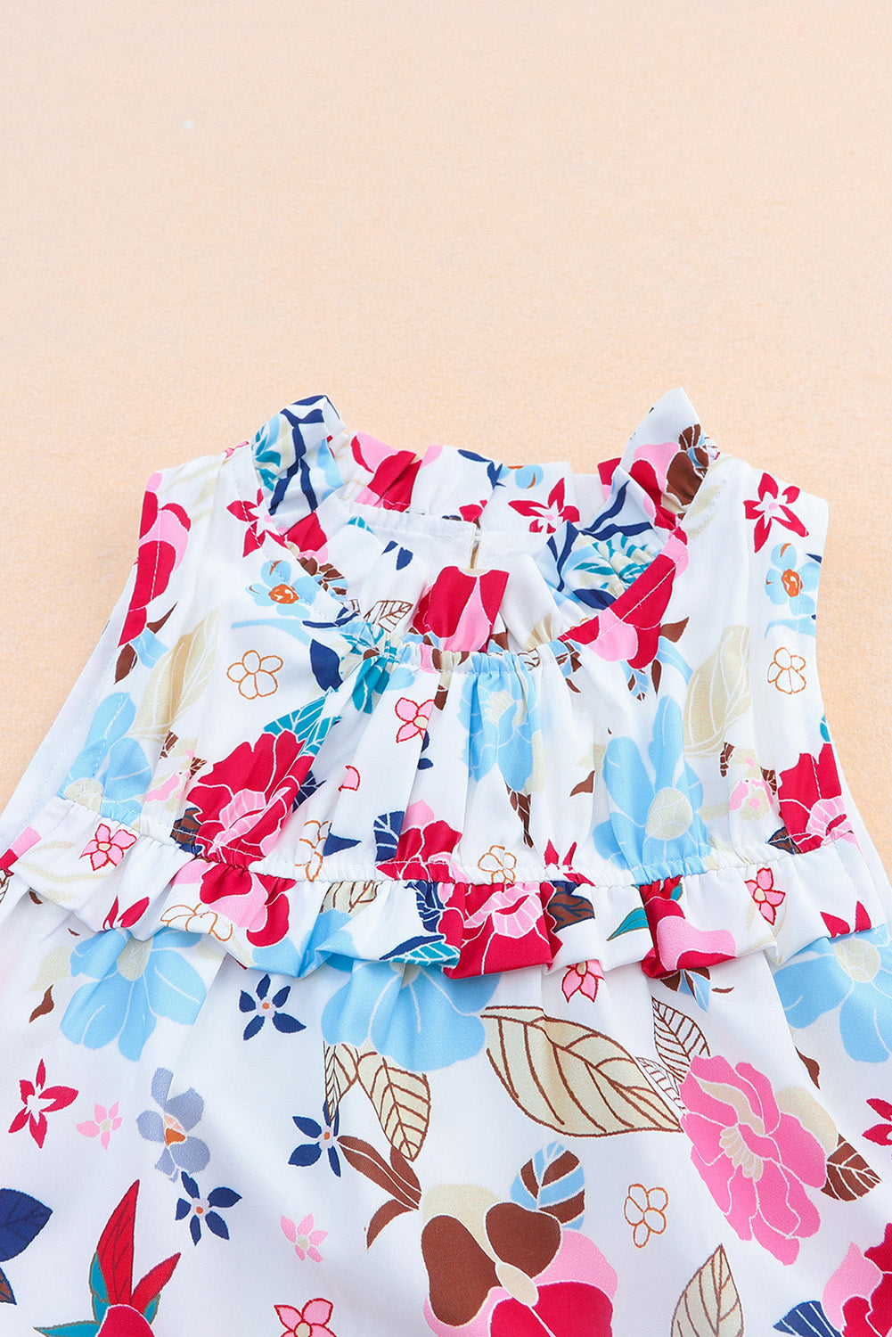White Frill Mock Neck Sleeveless Tiered Floral Dress Floral Dresses JT's Designer Fashion