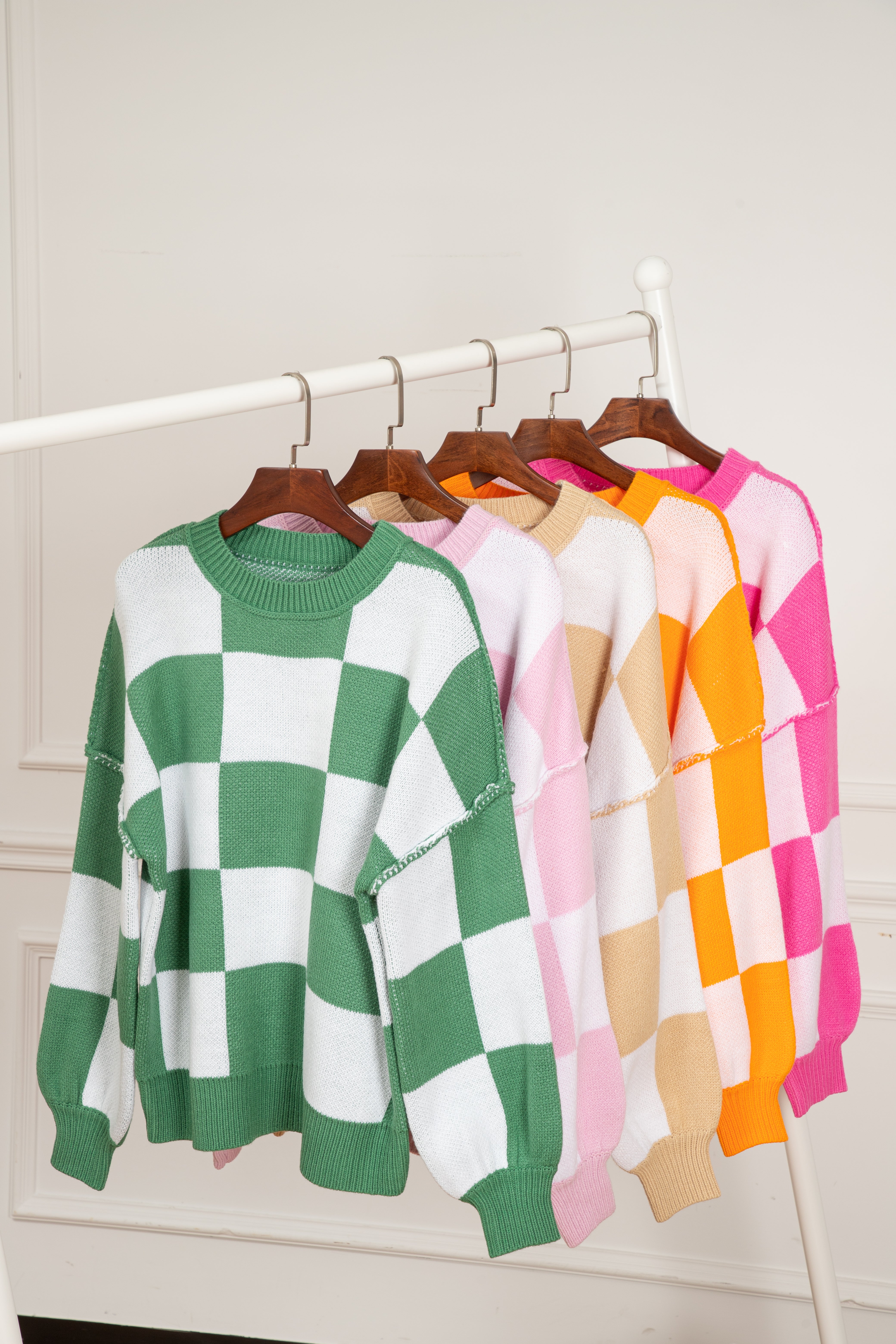 Pink Checkered Bishop Sleeve Sweater Sweaters JT's Designer Fashion