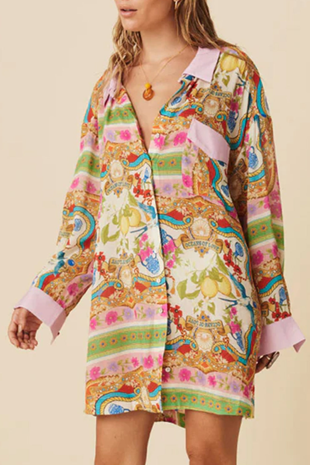 Multicolour Boho Floral Print Buttoned Long Sleeve Shirt Dress Multicolour 100%Polyester Floral Dresses JT's Designer Fashion