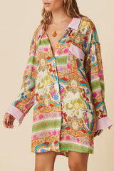 Multicolour Boho Floral Print Buttoned Long Sleeve Shirt Dress Multicolour 100%Polyester Floral Dresses JT's Designer Fashion