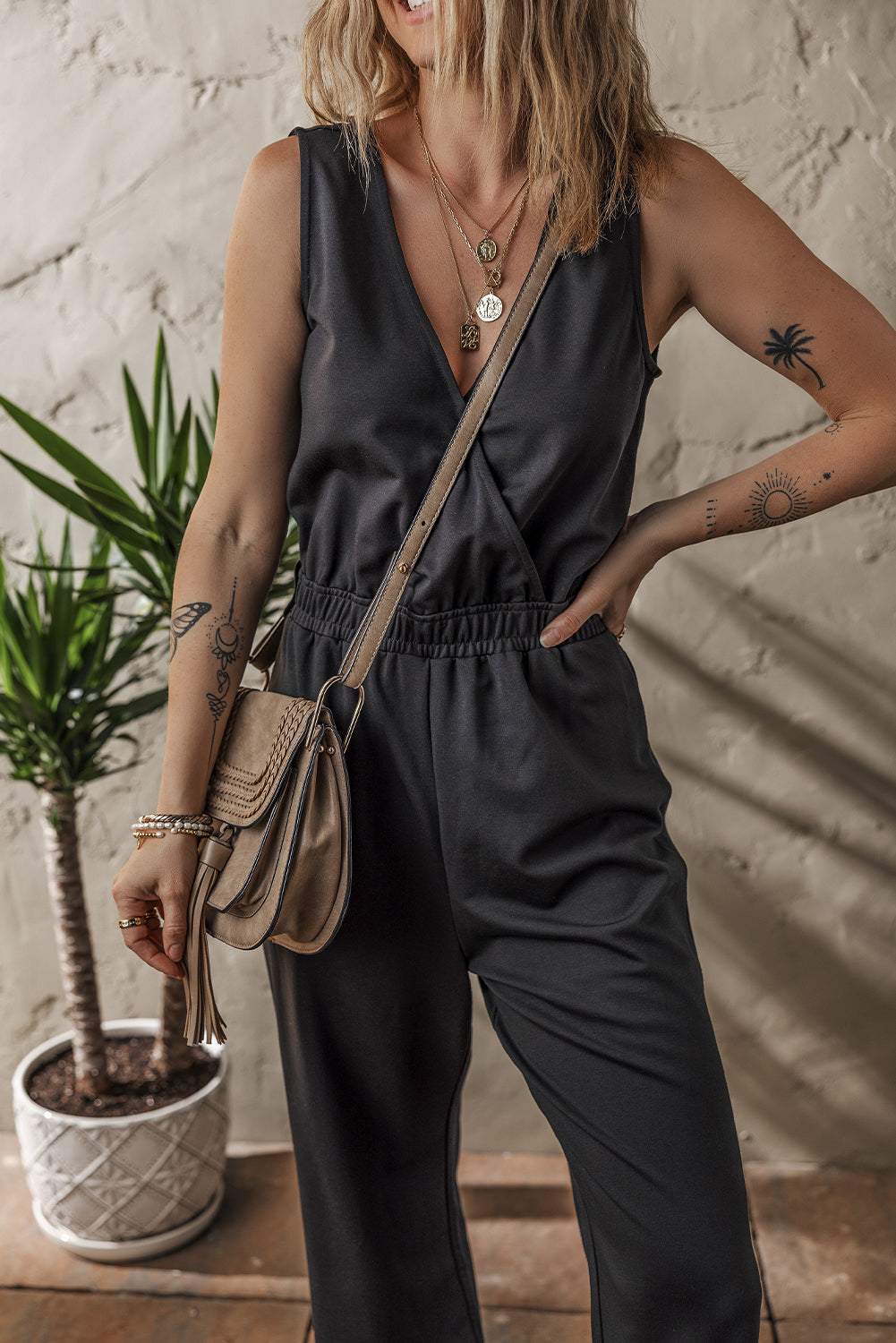 Black Wrap V Neck Sleeveless High Waist Jumpsuit Jumpsuits & Rompers JT's Designer Fashion