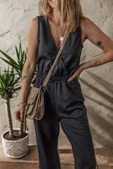 Black Wrap V Neck Sleeveless High Waist Jumpsuit Jumpsuits & Rompers JT's Designer Fashion