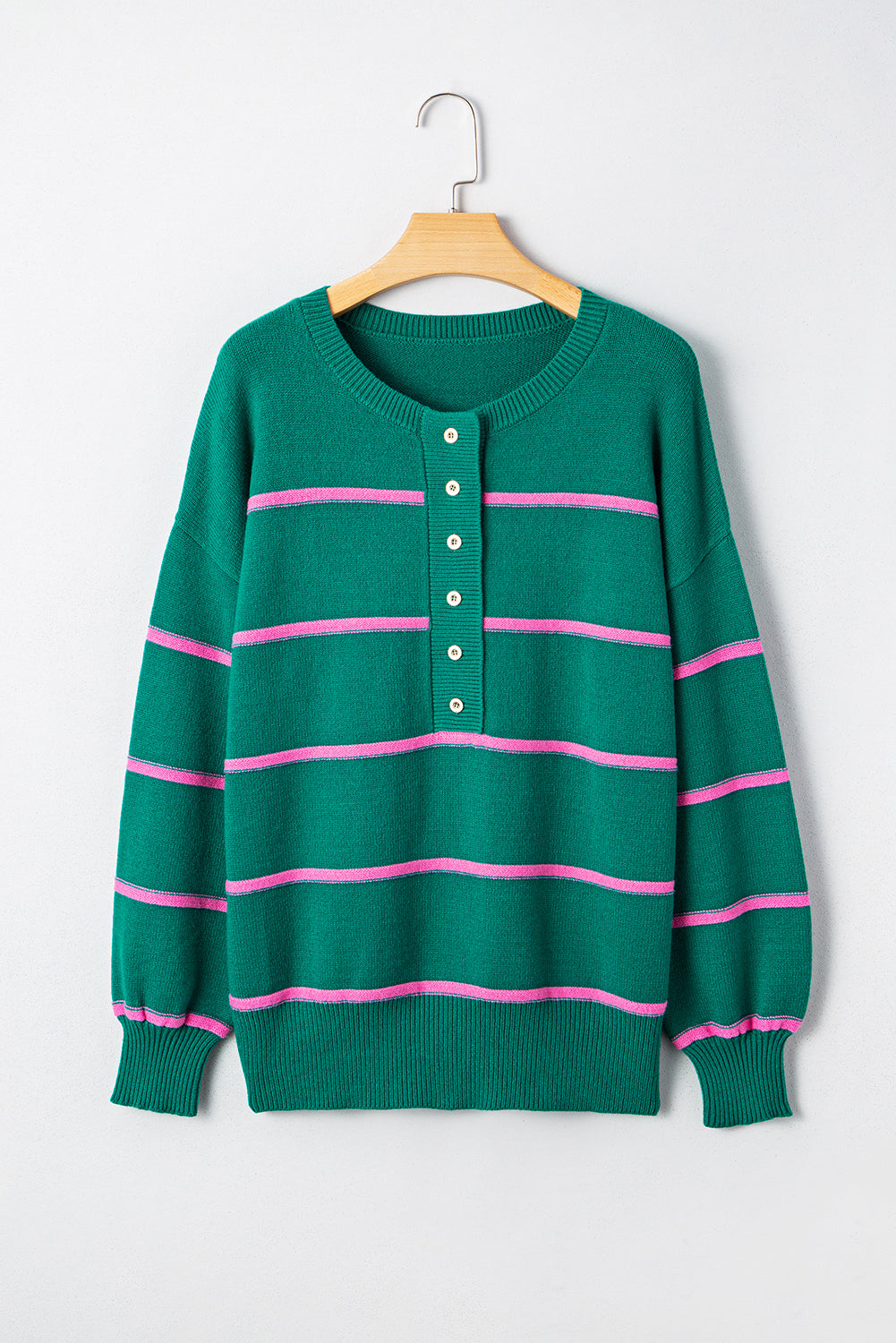 Green Stripe Half Buttons Drop Shoulder Oversized Sweater Sweaters JT's Designer Fashion