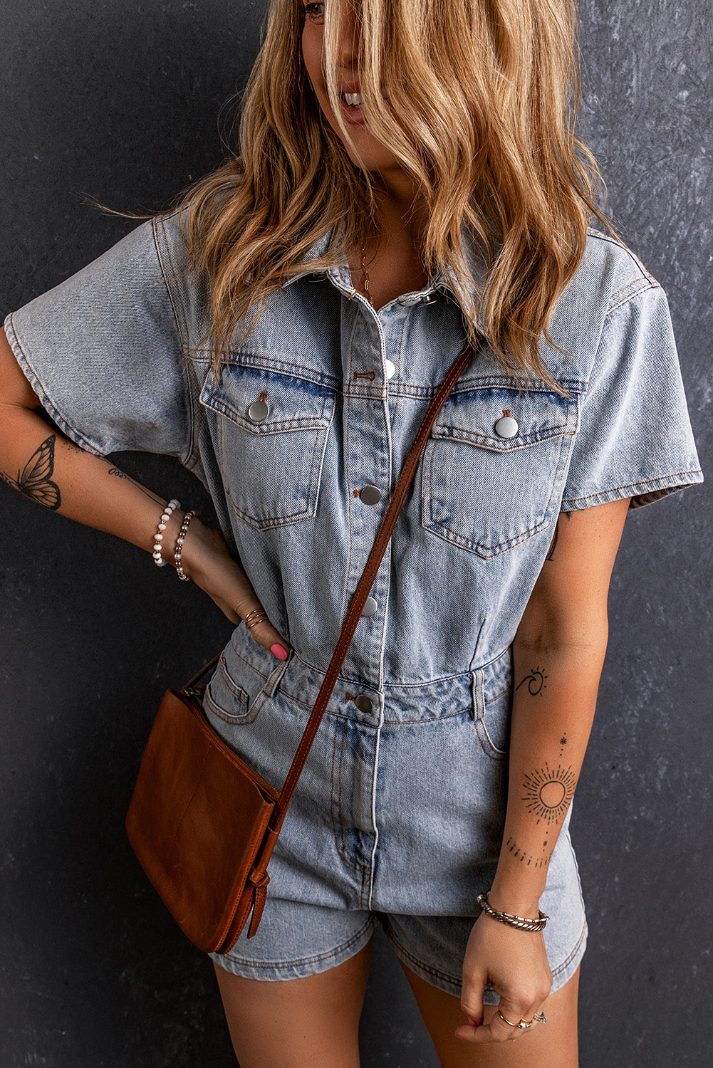 Light Blue Vintage Washed Buttons Pocketed Denim Romper Bottoms JT's Designer Fashion
