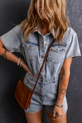 Light Blue Vintage Washed Buttons Pocketed Denim Romper Bottoms JT's Designer Fashion