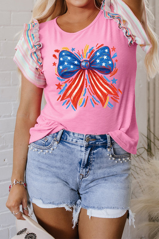 Bonbon Independence Celebration Bowknot Graphic Ruffled Sleeve Ribbed Summer Top Graphic Tees JT's Designer Fashion