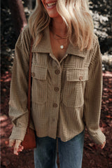 Dark Khaki Textured Chest Pocket Button-up Shacket Dark Khaki 100%Polyester Jackets JT's Designer Fashion