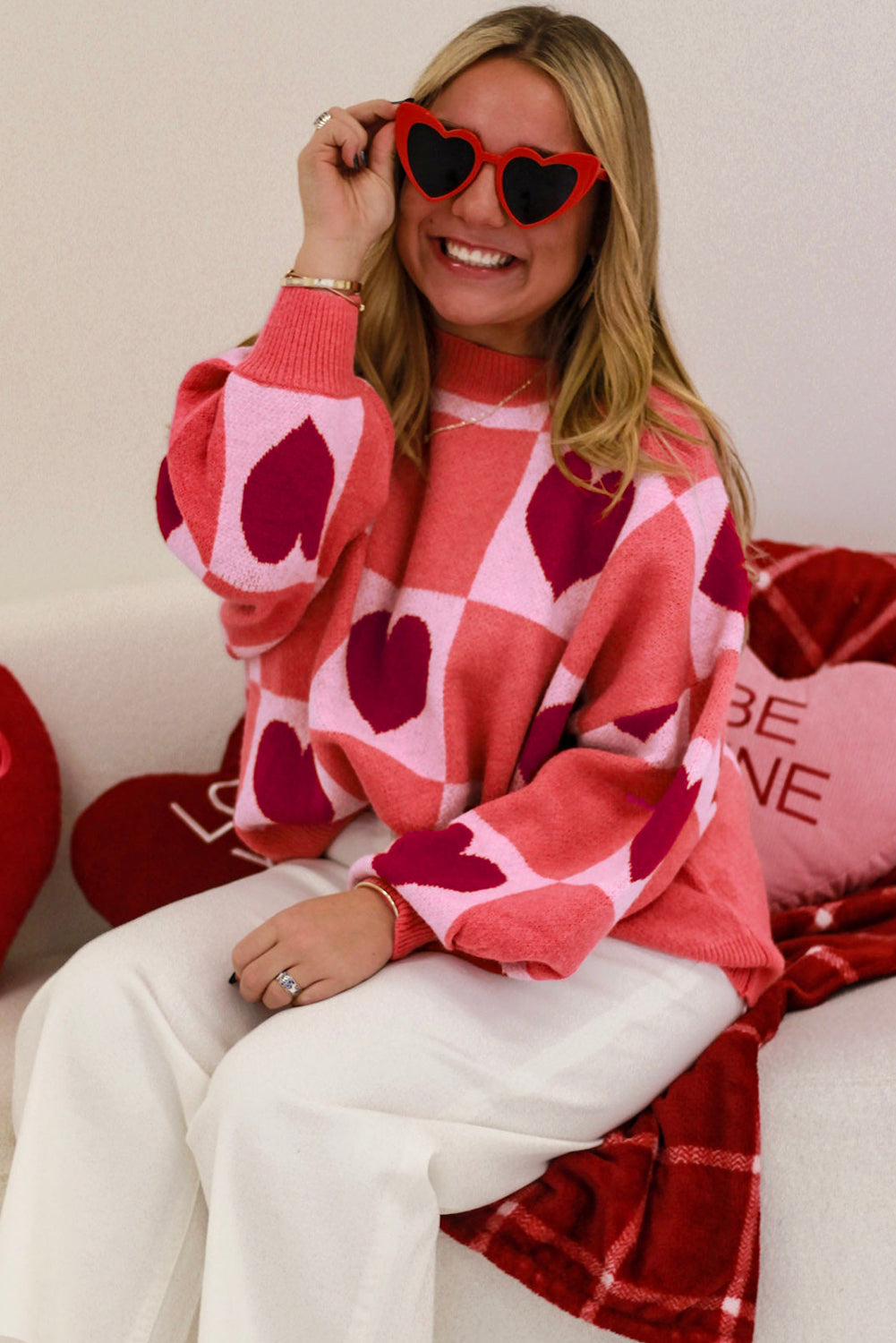 Pink Plus Size Love Heart Block Mock Neck Lantern Sleeve Valentine Sweater Plus Size Sweaters & Cardigans JT's Designer Fashion