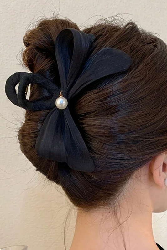 Black Pearl Decor Bow Large Claw Clip Headwear JT's Designer Fashion