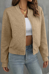 Pale Khaki Solid Geometric Textured Baseball Collar Jacket Jackets JT's Designer Fashion