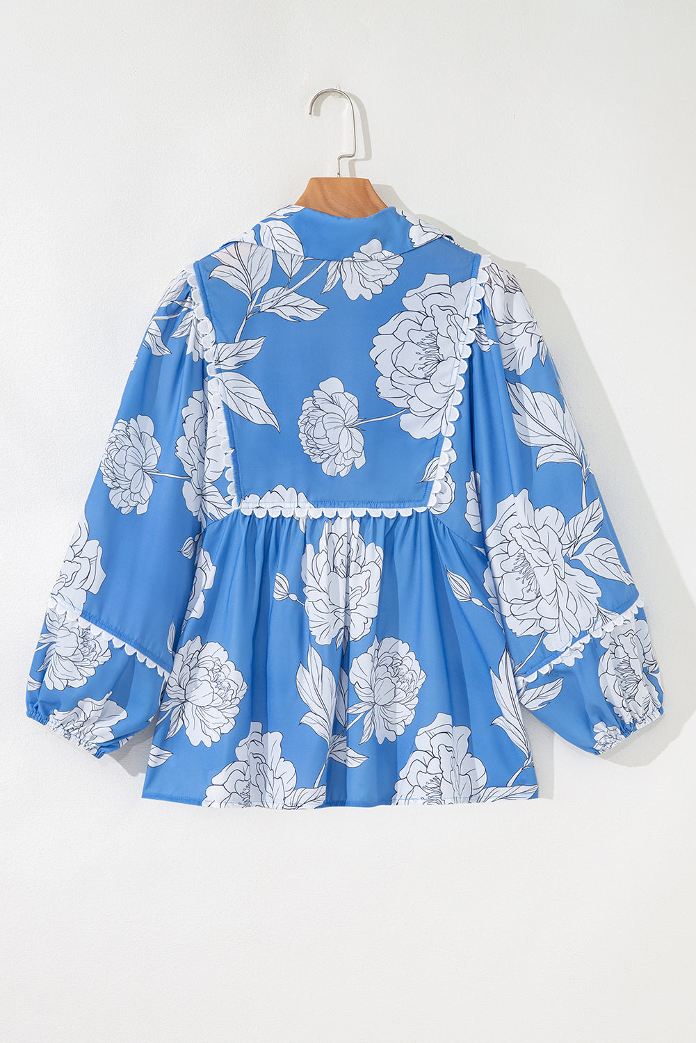 Sky Blue Floral Ricrac Trim Collared Puff Sleeve Loose Blouse Blouses & Shirts JT's Designer Fashion