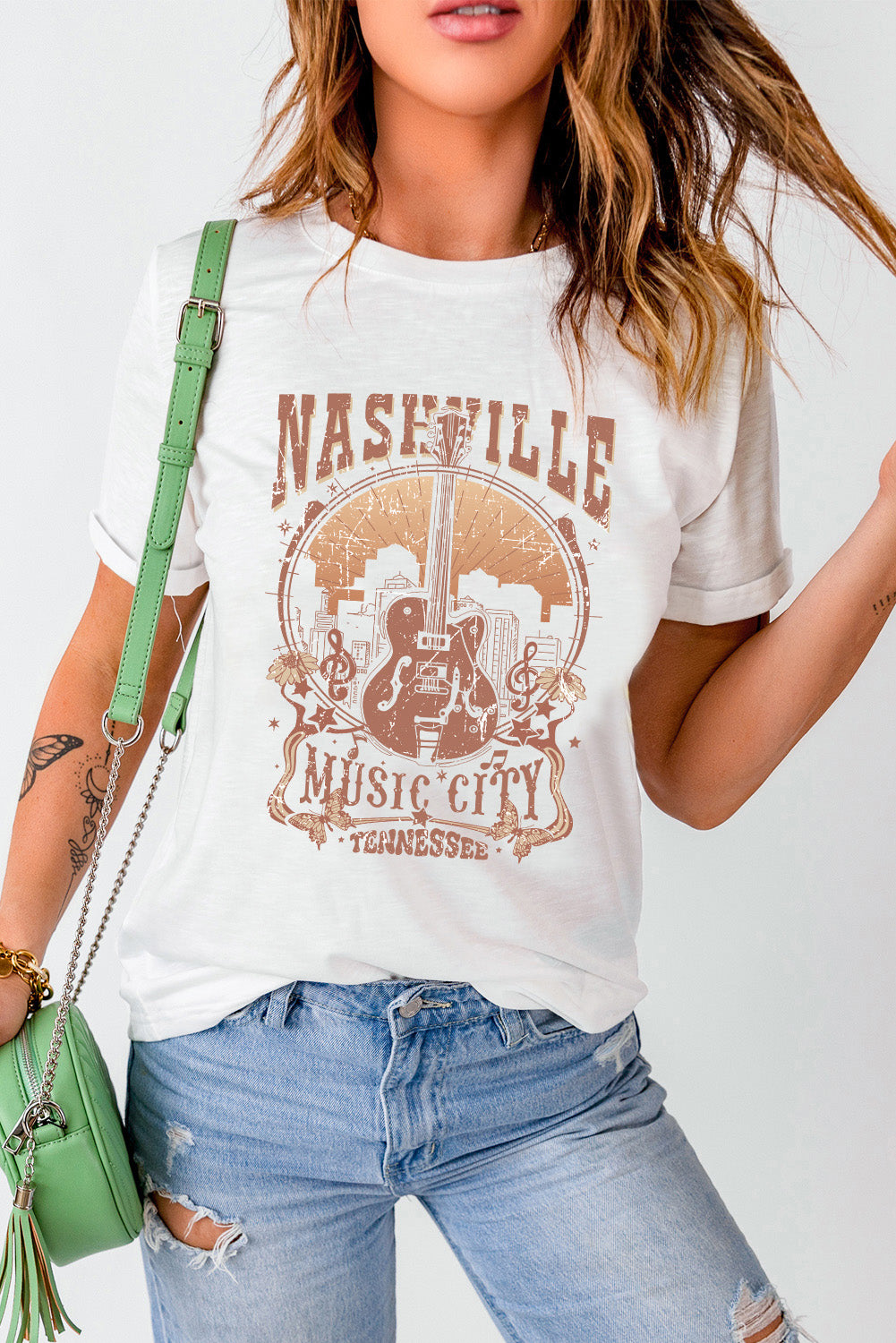 White Vintage NASHVILLE Music City Crewneck Graphic T Shirt Graphic Tees JT's Designer Fashion