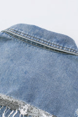 Sky Blue Sequin Embellished Fringe Distressed Denim Jacket Denim Jackets JT's Designer Fashion