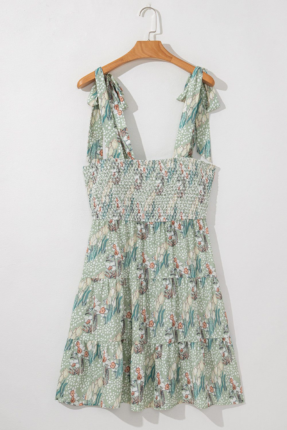 Gray Floral Knotted Strap Smocked Tiered Ruffle Mini Dress Floral Dresses JT's Designer Fashion