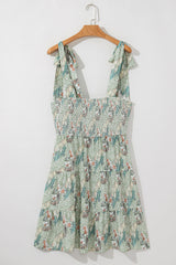 Gray Floral Knotted Strap Smocked Tiered Ruffle Mini Dress Floral Dresses JT's Designer Fashion