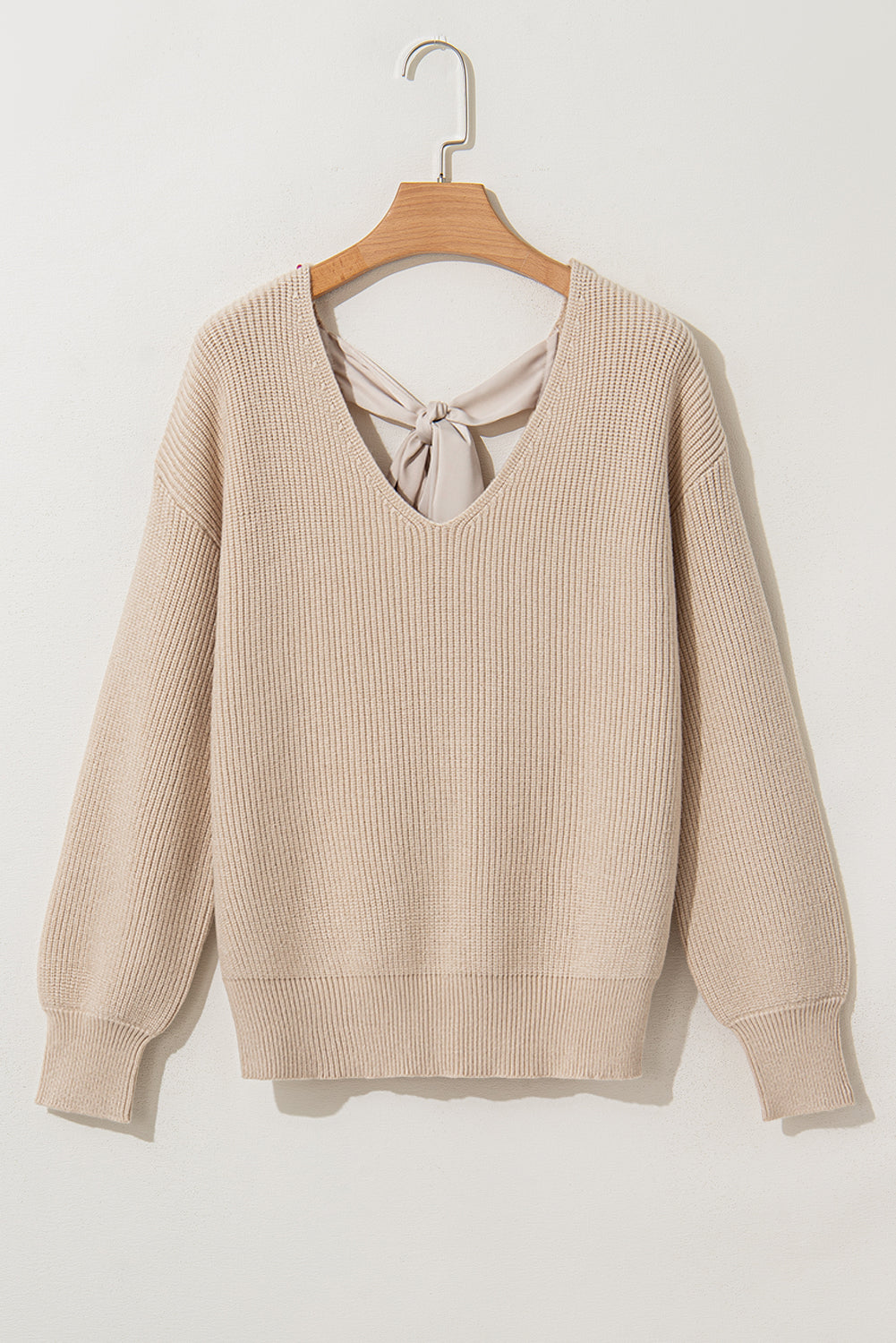Apricot Lantern Sleeve V Neck Knot Back Sweater Sweaters JT's Designer Fashion