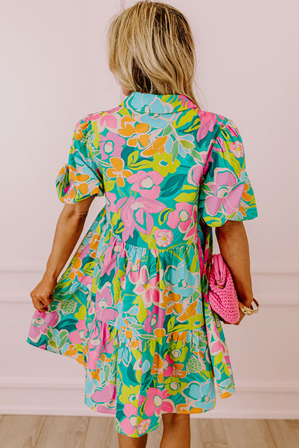 Green Floral Puff Sleeve Collar Buttoned Plus Babydoll Dress Dresses JT's Designer Fashion