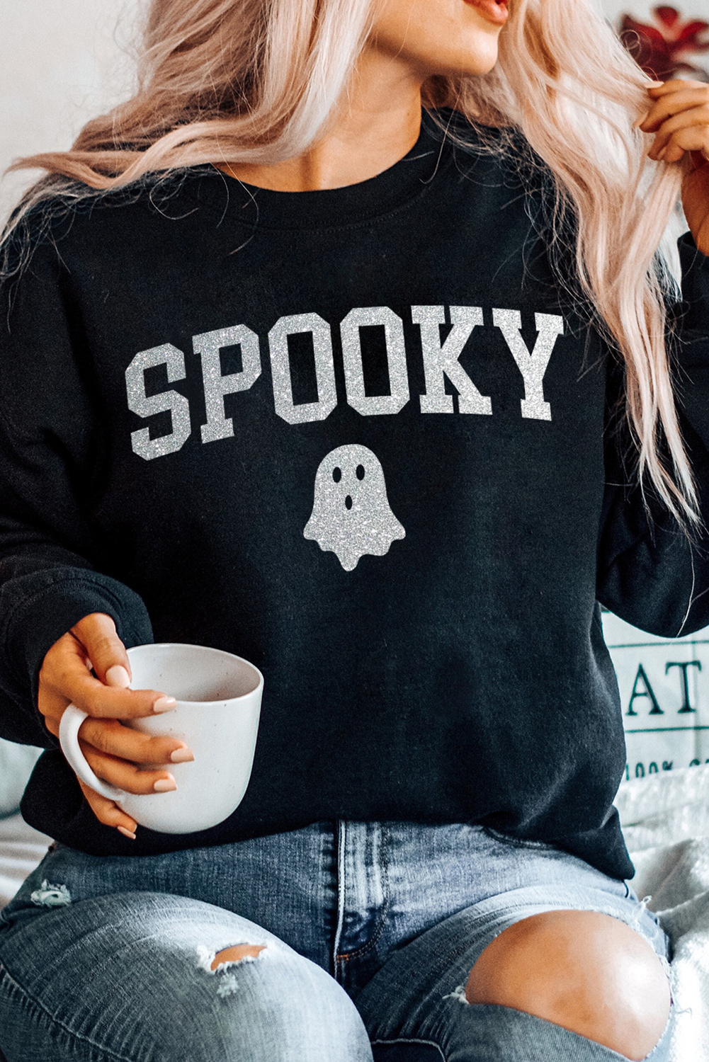 Black Glitter SPOOKY Ghost Pattern Crew Neck Halloween Sweatshirt Black 50%Polyester+50%Cotton Graphic Sweatshirts JT's Designer Fashion
