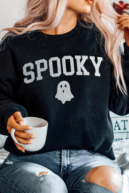 Black Glitter SPOOKY Ghost Pattern Crew Neck Halloween Sweatshirt Black 50%Polyester+50%Cotton Graphic Sweatshirts JT's Designer Fashion