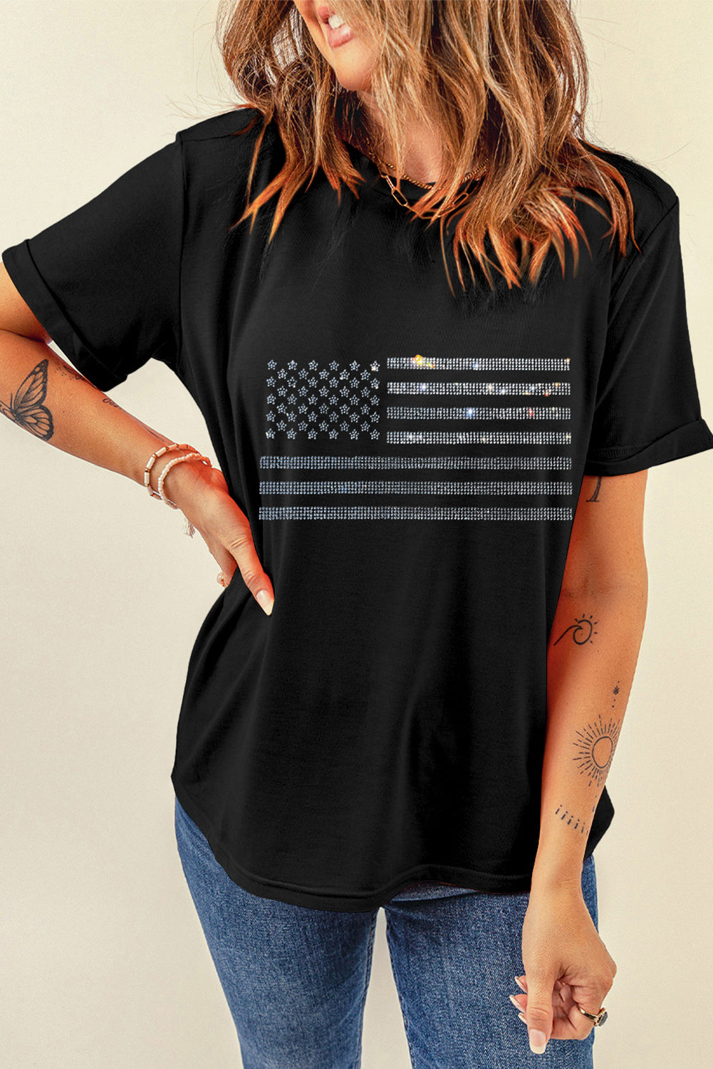 Black Glittering Rhinestone American Flag Pattern T Shirt Graphic Tees JT's Designer Fashion