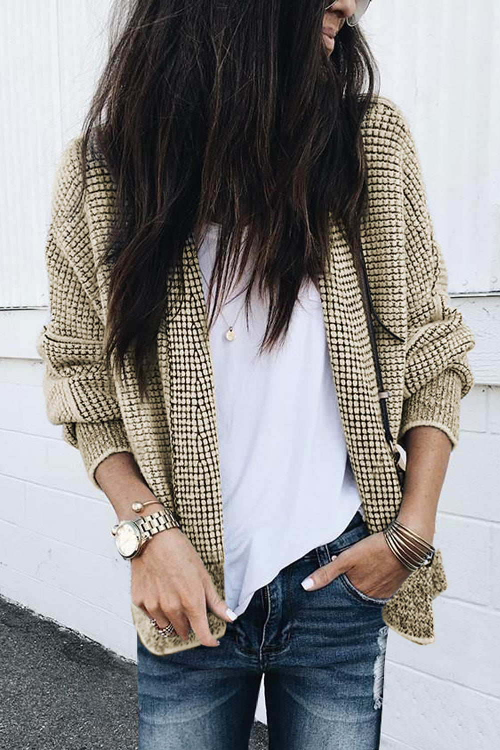Apricot Plaid Contrast Trim Open Front Cardigan Sweaters & Cardigans JT's Designer Fashion