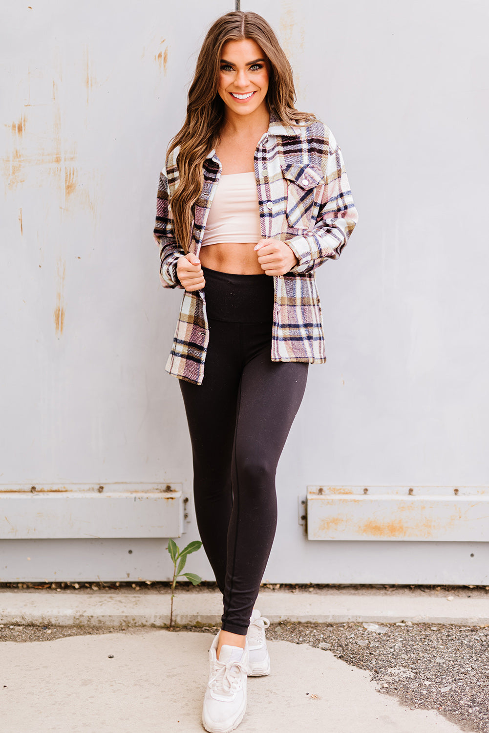Pink Geometric Plaid Print Pocketed Shacket Plaid Shackets JT's Designer Fashion