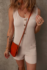 Parchment Corded Knit Side Pockets Buttoned Sleeveless Romper Jumpsuits & Rompers JT's Designer Fashion