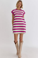Rose Stripe Cap Sleeve Pocketed Shift T-shirt Dress T Shirt Dresses JT's Designer Fashion