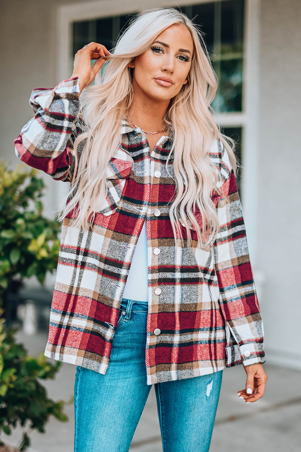Fiery Red Geometric Plaid Print Pocketed Shacket Plaid Shackets JT's Designer Fashion
