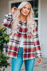 Fiery Red Geometric Plaid Print Pocketed Shacket Plaid Shackets JT's Designer Fashion