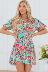 Green Abstract Print Lace-up High Waist Buttoned Mini Dress Mini Dresses JT's Designer Fashion