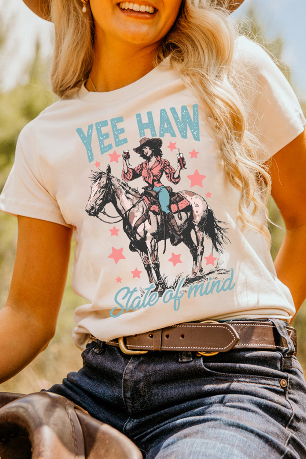 White YEE HAW State of mind Cowgirl Graphic Western Fashion Tee Graphic Tees JT's Designer Fashion