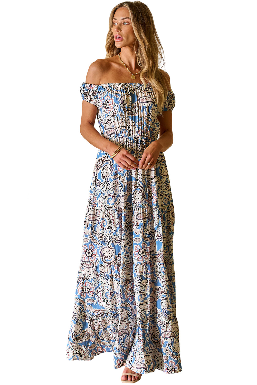 Blue Boho Paisley Print Off Shoulder Maxi Dress Floral Dresses JT's Designer Fashion