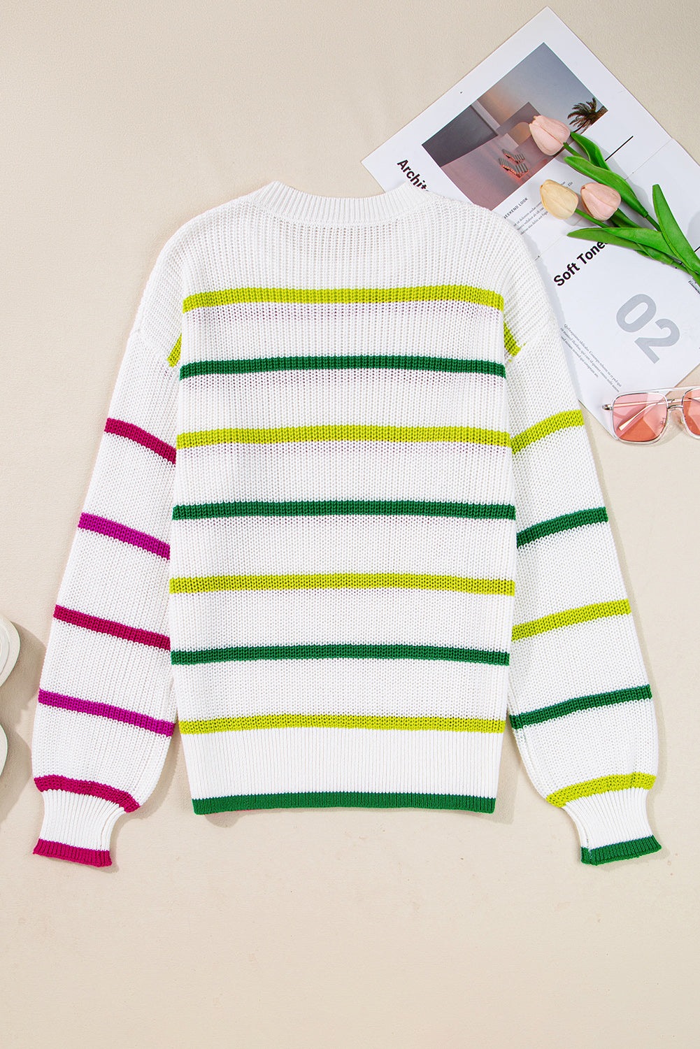 White Colorful Striped Drop Shoulder Crew Neck Sweater Sweaters JT's Designer Fashion
