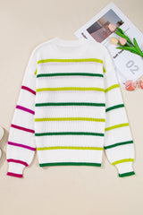 White Colorful Striped Drop Shoulder Crew Neck Sweater Sweaters JT's Designer Fashion