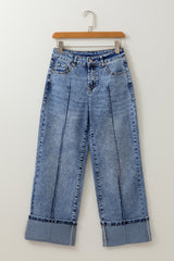 Myosotis Center Seam Cuffed Hem Straight High Waist Jeans Jeans JT's Designer Fashion