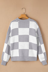 Gray Checkered Bishop Sleeve Sweater Sweaters JT's Designer Fashion
