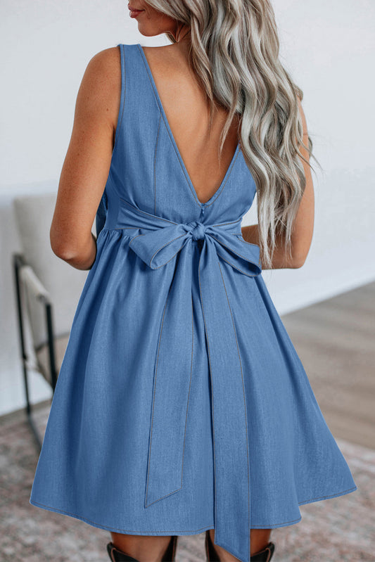 Myosotis Square Neck Pleated Waist V Cut Backless Tied Fit and Flare Dress Myosotis 60%Polyester+35%Viscose+5%Elastane JT's Designer Fashion